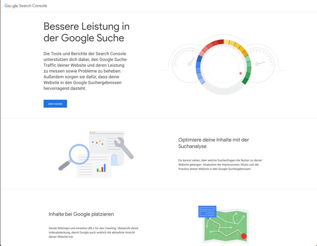 Screenshot der Startseite der Google Search Console Screenshot der Startseite der Google Search Console