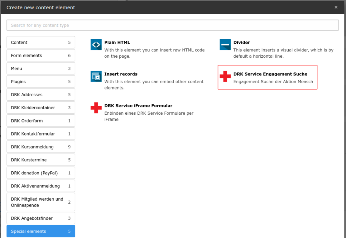 Screenshot Auswahl Inhaltselement im TYPO3 Backend