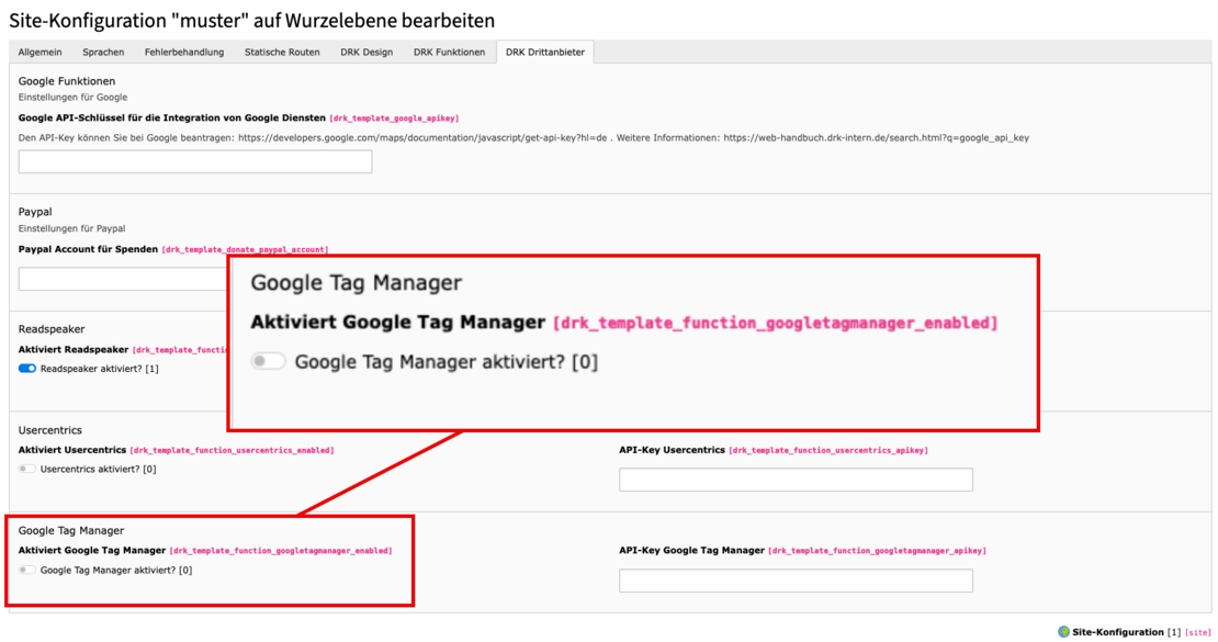 Screenshot TYPO3 Sitemanagement der Musterseiten, der Ausschnitt für den Google Tag Manager ist vergrößert dargestellt