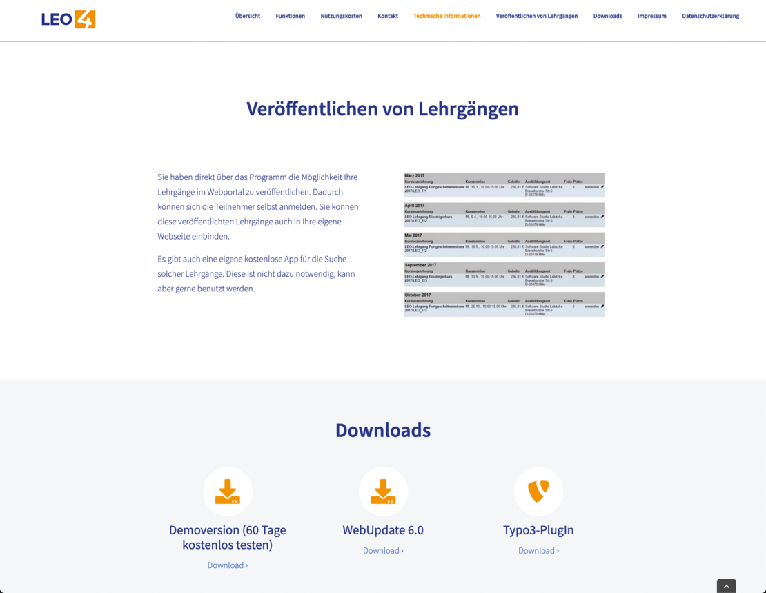 Screenshot von https://leo.labitzke.de/#downloads zeigt den Download des TYPO3 Plugins